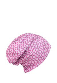 Soft pink and purple patterned slouchy beanie hat with leaf-like designs on a white background.