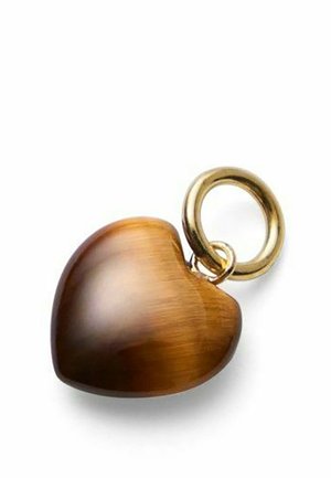 Brown heart-shaped pendant with smooth polished surface attached to a small gold ring on a white background.