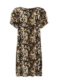 Robe à manches courtes en tissu léger avec un motif léopard noir, marron et beige. Encolure ronde, coupe ample et longueur genou.