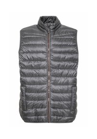 Chaleco puffer gris con paneles acolchados verticales, cuello alto y cremallera frontal. Cuenta con bolsillos laterales y una textura de tela suave y brillante.