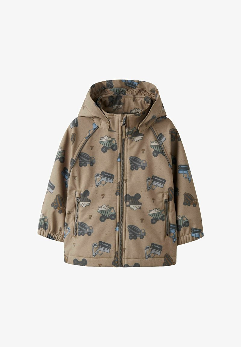 Veste pour enfants beige avec capuche, présentant un motif de camions en bleu et noir. Fabriquée en tissu lisse et résistant à l'eau. Deux poches zippées.
