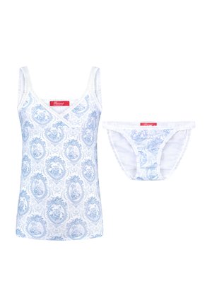 White camisole and matching panties featuring a light blue ornate pattern. Material appears soft with a smooth texture and ruffled trim.