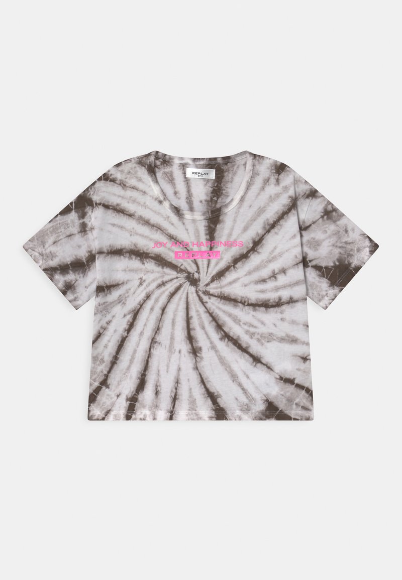 T-shirt tie-dye cinza e branco com gola redonda, mangas curtas e texto rosa a dizer "ALEGRIA E FELICIDADE REPLAY" ao centro.