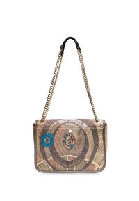 Borsa a tracolla marrone e beige con motivo, dotata di una tracolla a catena, caratterizzata da dettagli blu e design circolari, realizzata in materiale testurizzato.
