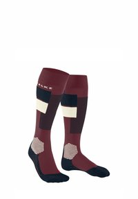 Kniestrümpfe in Burgunderrot mit geometrischen Mustern in Marineblau und Creme, mit gerippten Texturen und gepolsterten Sohlen für Komfort.
