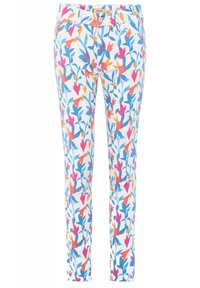 Džínsy s multibarevným květinovým vzorem z bílé látky. Obsahují růžové, modré a oranžové květy se zelenými listy. Úzký střih s pěti kapsami.