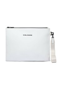 Borsa piatta bianca e liscia in materiale sintetico con cerniera nera e interno grigio. Dotata di tracolla beige rimovibile e logo in rilievo.