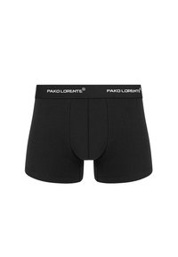 Czarne bokserki wykonane z miękkiej tkaniny, z dopasowanym krojem, ściągaczem z logo "PAKO LORENTE" w kolorze białym oraz tradycyjnym zamkiem z przodu.