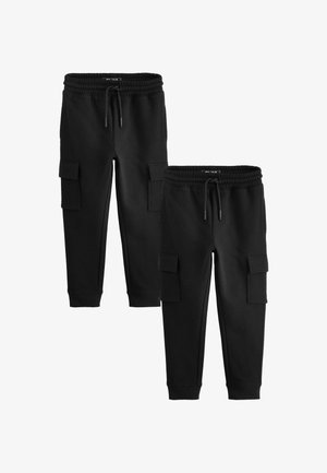 Pantaloni della tuta neri con cintura a cordoncino, polsini elastici e due tasche cargo laterali. Realizzati in un tessuto morbido e durevole. Design casual.