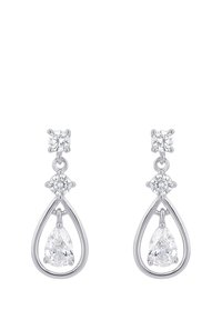 Orecchini a goccia in argento con tre gemme trasparenti: perni rotondi, gemme quadrate più piccole e pietre a forma di pera sospese all'interno di telai a forma di goccia.