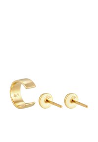 Pendientes de oro dorado con aro y pendientes de botón en plata de ley, con un acabado pulido, diseño minimalista y grabado "925" en el interior.