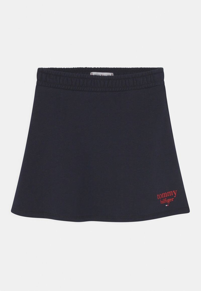 Gonna di cotone blu navy con vita elastica, design svasato e logo 'tommy hilfiger' rosso sul lato anteriore inferiore.