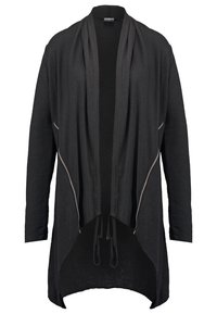 Černý kardigan s otevřeným předním dílem vyrobený z lehkého materiálu, s dlouhými rukávy, bočními zipovými kapsami a zakřiveným lemem s akcenty na stažení.