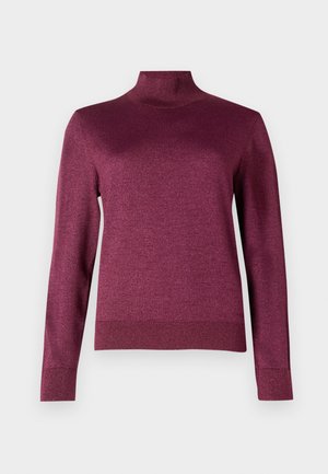 Pulover cu guler într-o nuanță de burgundă, cu mâneci lungi, realizat dintr-un material texturat și sclipitor; design ajustat cu manșete și tiv dantelat.