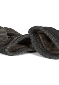 Guanti neri con un interno morbido e testurizzato, dotati di un polsino in materiale grigio piegato. Il design è semplice e funzionale.