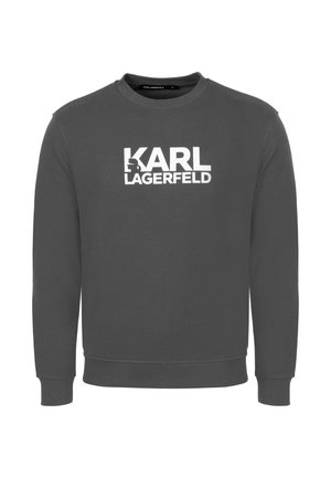 Donkergrijze longsleeve met ronde hals en witte "KARL LAGERFELD"-logo en kleine afbeelding op de borst.