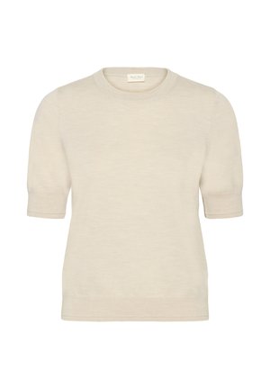 Beige lyhythihainen neulepusero, jossa on pyöreä kaula-aukko ja ribbitettu reunus. Valmistettu pehmeästä materiaalista, jossa on sileä pinta ilman kuvioita tai korostuksia.