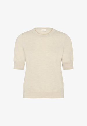 Beige kortärmad tröja med rund halsringning och ribbade kanter, tillverkad av mjukt material med en slät textur och utan mönster eller detaljer.