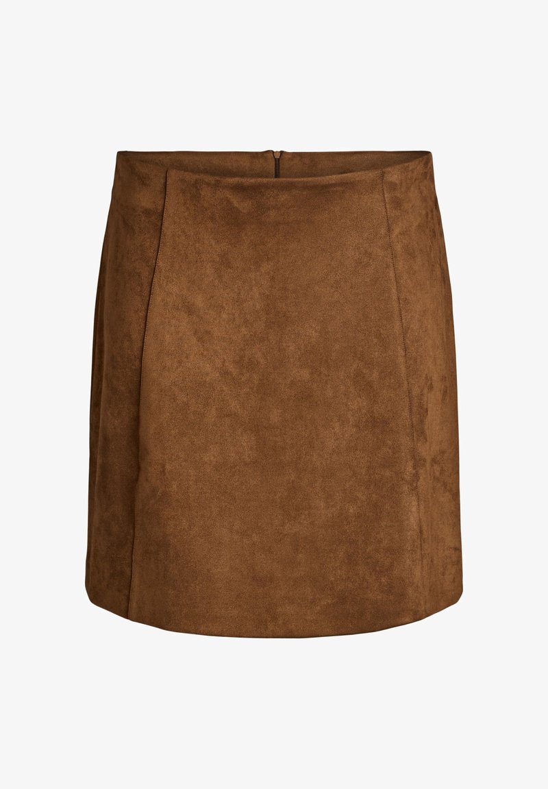 Rjava zamskasta krila z gladko teksturo, oprijetim dizajnom in vidnimi šivi. Ima skrit zadrgo na zadnji strani.