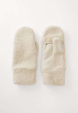 Moufles beiges en tissu polaire texturé avec une partie avant unie et une section pour le pouce séparée. Douces, chaudes, avec un aspect légèrement duveteux.