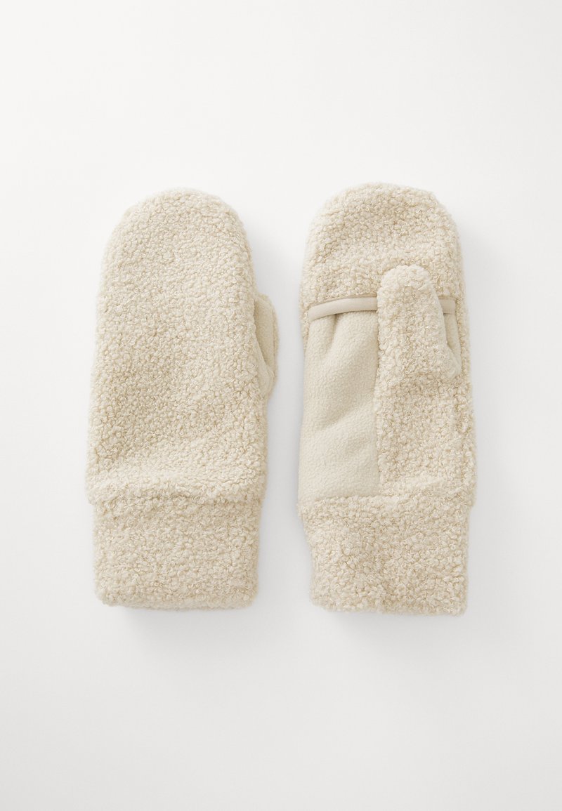 Beige mittens made of textured fleece fabric with a solid front and separate thumb section. Soft, warm, with a slightly fluffy appearance.