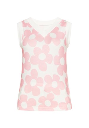 Top alb fără mâneci cu modele mari de flori roz, decolteu în V și textură reiată.