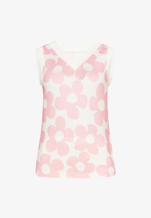 Top alb fără mâneci cu modele mari de flori roz, decolteu în V și textură reiată.