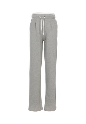 Lichtgrijze wijde sweatpants met elastische tailleband en witte trekkoord, voorplooien en zijzakken, afgebeeld op een witte achtergrond.