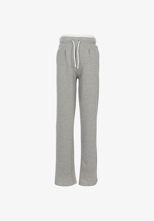 Lichtgrijze wijde sweatpants met elastische tailleband en witte trekkoord, voorplooien en zijzakken, afgebeeld op een witte achtergrond.