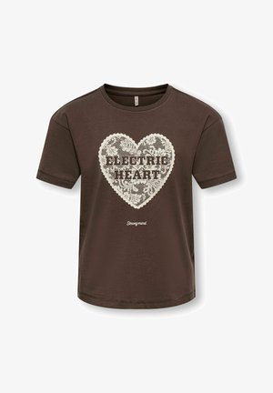 Brun kortærmet t-shirt med stort blonderhjerte-design og ordene "Electric Heart" og "Strong mind" printet på fronten.