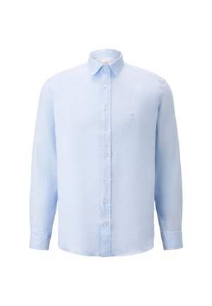 Light blue long-sleeve button-up shirt. Made of textured fabric with a subtle pattern. Features a collar and six front buttons, small logo on the chest.