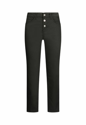 Pantalons en denim noir avec une coupe droite, cinq poches et une fermeture à bouton avec trois boutons en métal à l'avant.