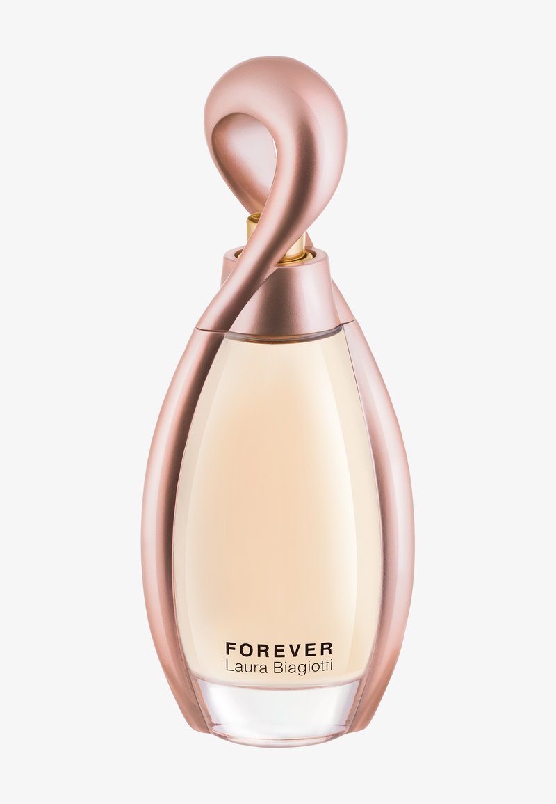 Glasparfümflasche mit eleganter, aufrechter Form. Der glatte, blassrosa Deckel ähnelt einem Drehverschluss. Das Etikett trägt die Aufschrift "FOREVER Laura Biagiotti."