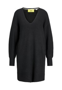 Abito maglione nero in maglia con scollatura a V profonda, maniche lunghe e polsini e orlo a costine. Etichetta visibile in giallo brillante.