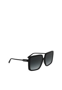 Lunettes de soleil noires surdimensionnées avec des verres gris dégradés, monture en plastique carrée, branches en métal et détails de logo sur le côté.
