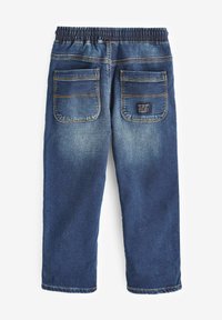 Jeans i mörkblått med elastisk midja, två bakfickor och kontrasterande sömmar. Slät textur, rak benmodell.