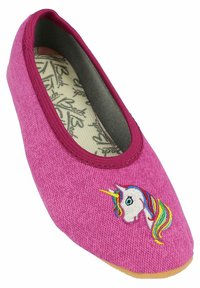 Rosa Stoff-Slipper mit lila Saum. Verfügt über ein besticktes Einhorn-Design mit mehrfarbigem Mähne. Weiche, strukturierte Oberfläche und abgerundete Zehen.