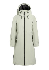 Light green waterproof coat with a hood, front zipper, and two side pockets. Features black zippers and a contrasting interior lining.