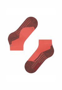 Korale skarpetki z kontrastowym, ciemnym, cętkowanym wzorem, niskim krojem, żebrowanym mankietem i subtelnym logo na pięcie.