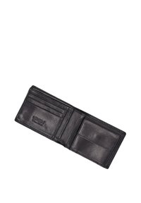 Black leather wallet with multiple card slots and a section for cash. Smooth texture with visible stitching and embossed logo detail.