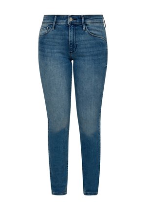 Jean skinny en denim bleu moyen, avec un design classique à cinq poches, un léger délavage et une fermeture à glissière à l'avant avec un bouton unique.