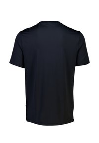 Svart t-shirt med kort ärm och rund hals, tillverkad av slät tyg, med en subtil textur och en rak nederkant.