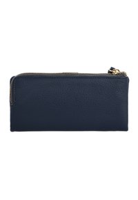Rectangular navy blue leather wallet with gold zipper along the top edge against a white background.