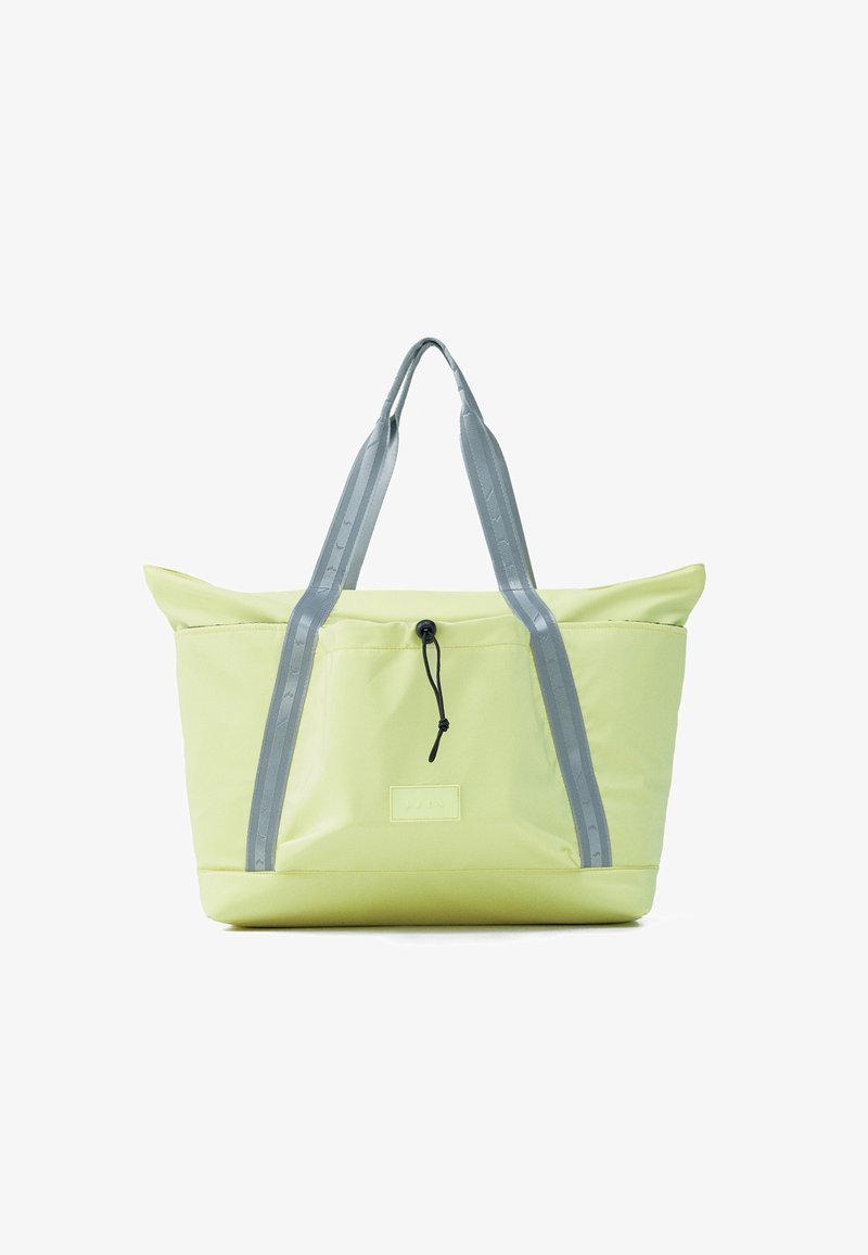 Light green tote bag with wide gray handles and a black drawstring closure at the top center on a white background.