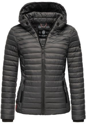 Veste noire rembourrée avec un motif matelassé vertical, fermeture éclair, capuche ajustable, poches latérales et poignets côtelés. Légère et résistant à l'eau.