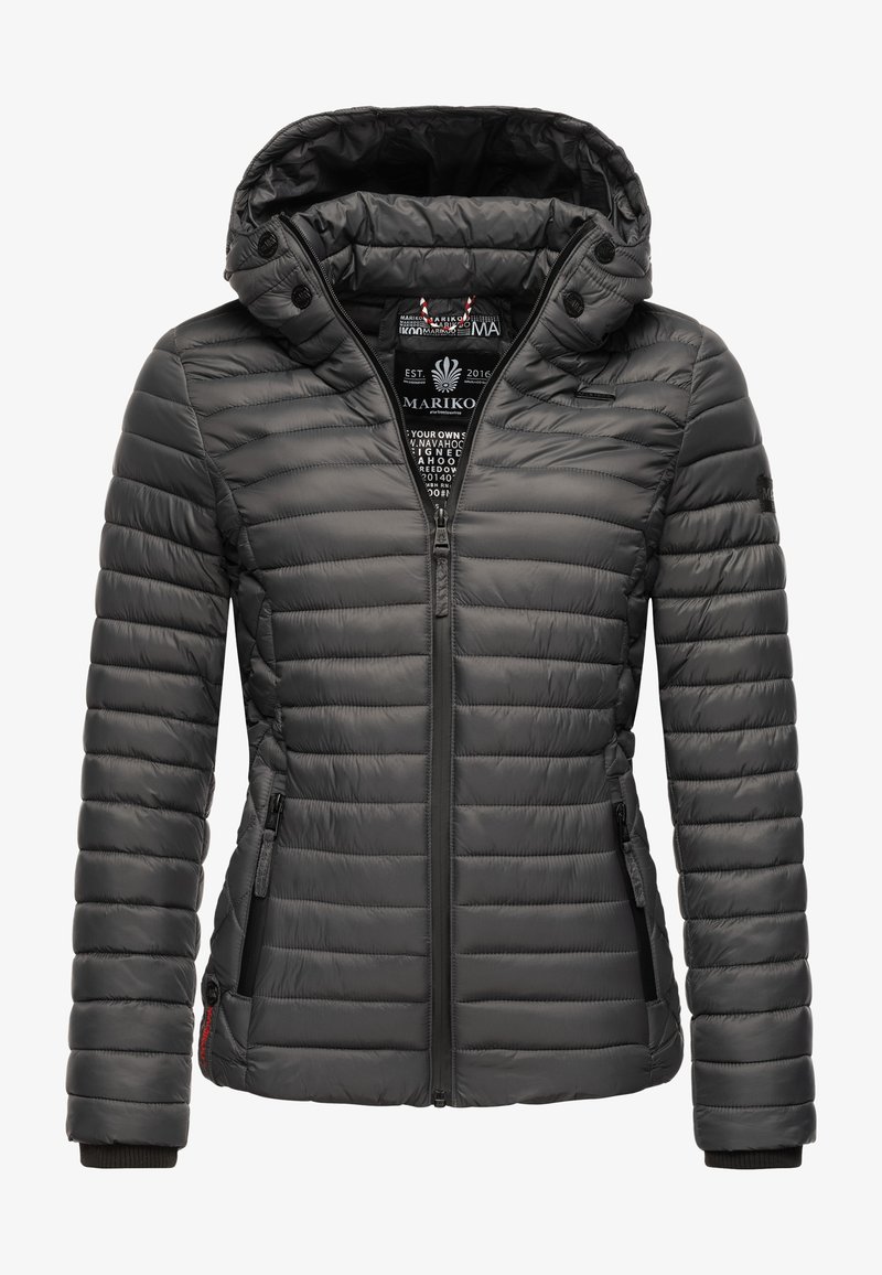 Black, puffy jacket with vertical quilted pattern, zip closure, adjustable hood, side pockets, and ribbed cuffs. Lightweight and water-resistant.