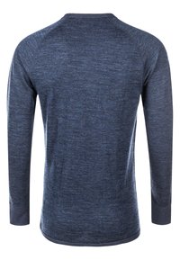 Pitkähihaista paita tummansinisestä kankaasta. Pehmeä pinta, jossa on heather-kuvio, raglan-hihat ja pyöristetty helma. Ei näkyvää brändäystä.
