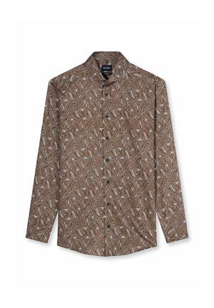 Braunes Langarmhemd mit beigem Paisley-Muster, vorn geknöpft und mit klassischem Kragen, flach auf weißem Hintergrund gelegt.