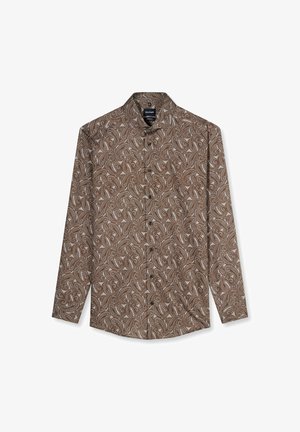 Braunes Langarmhemd mit beigem Paisley-Muster, vorn geknöpft und mit klassischem Kragen, flach auf weißem Hintergrund gelegt.