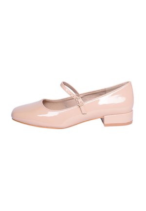 Scarpa Mary Jane in vernice beige con punta squadrata, cinturino regolabile e tacco a blocco basso. Texture liscia e design minimalista.